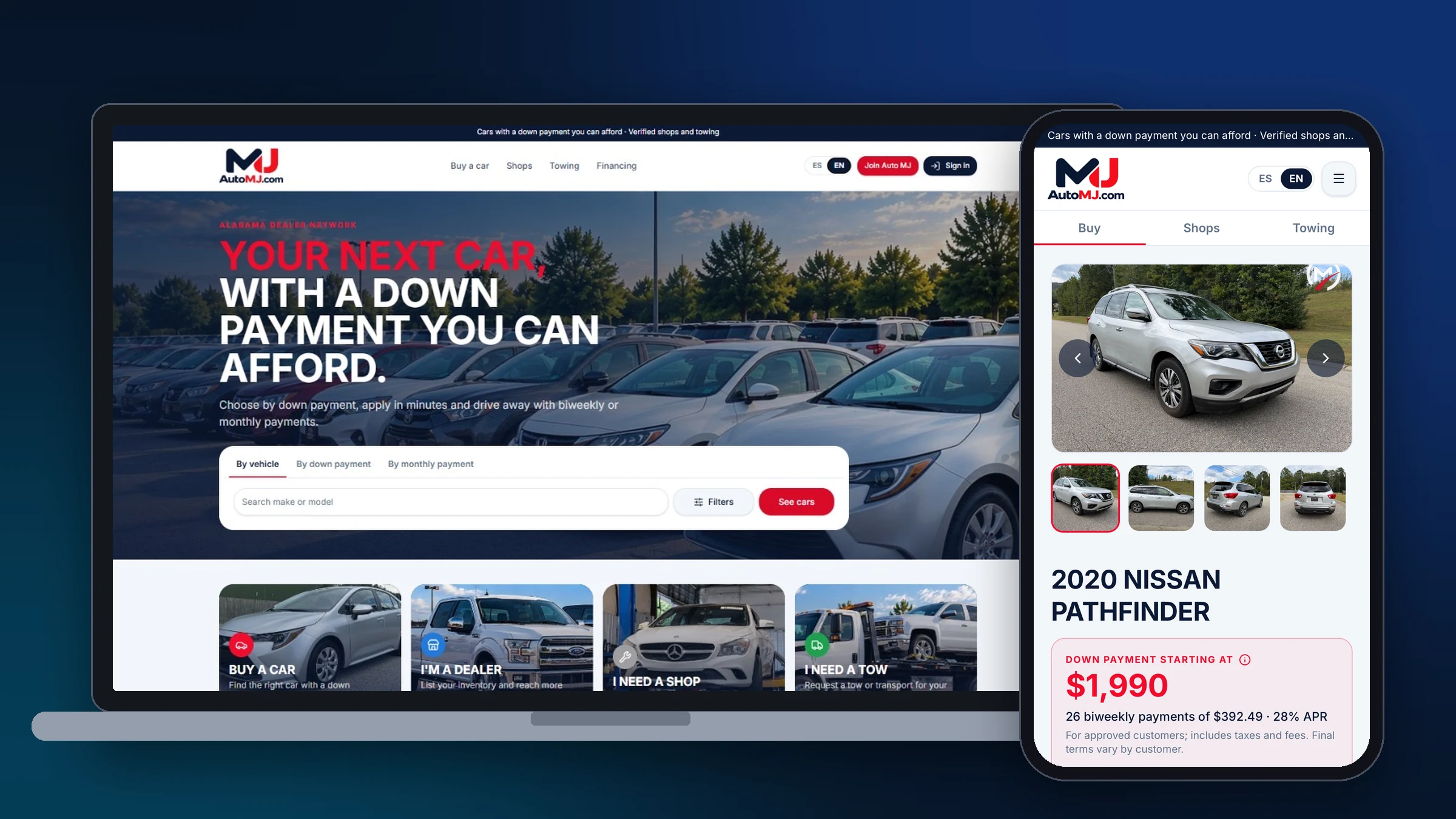 AutoMJ.com: the home page on a laptop and a vehicle listing with the full financing example on a phone.