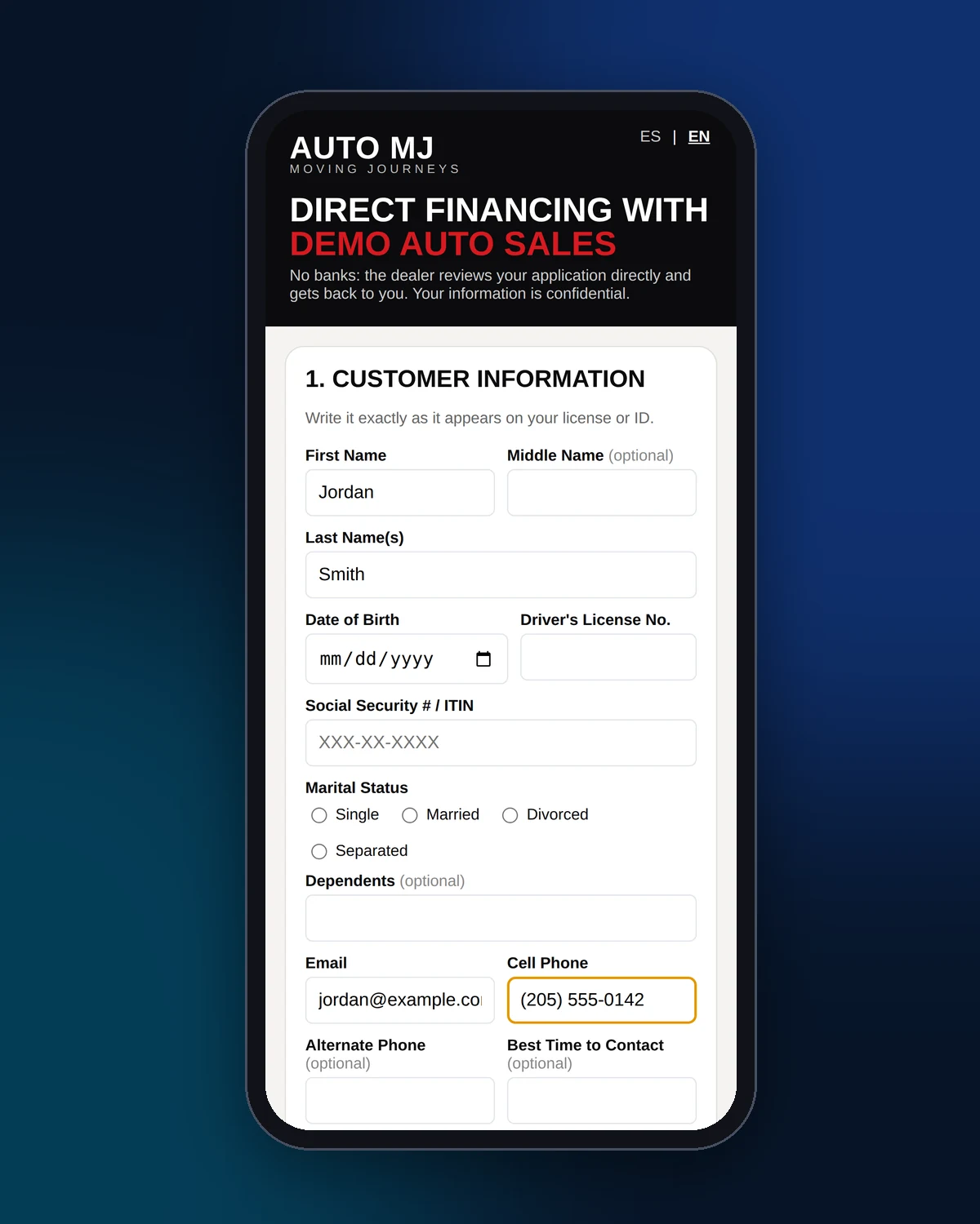 Credit application filled out on a phone.
