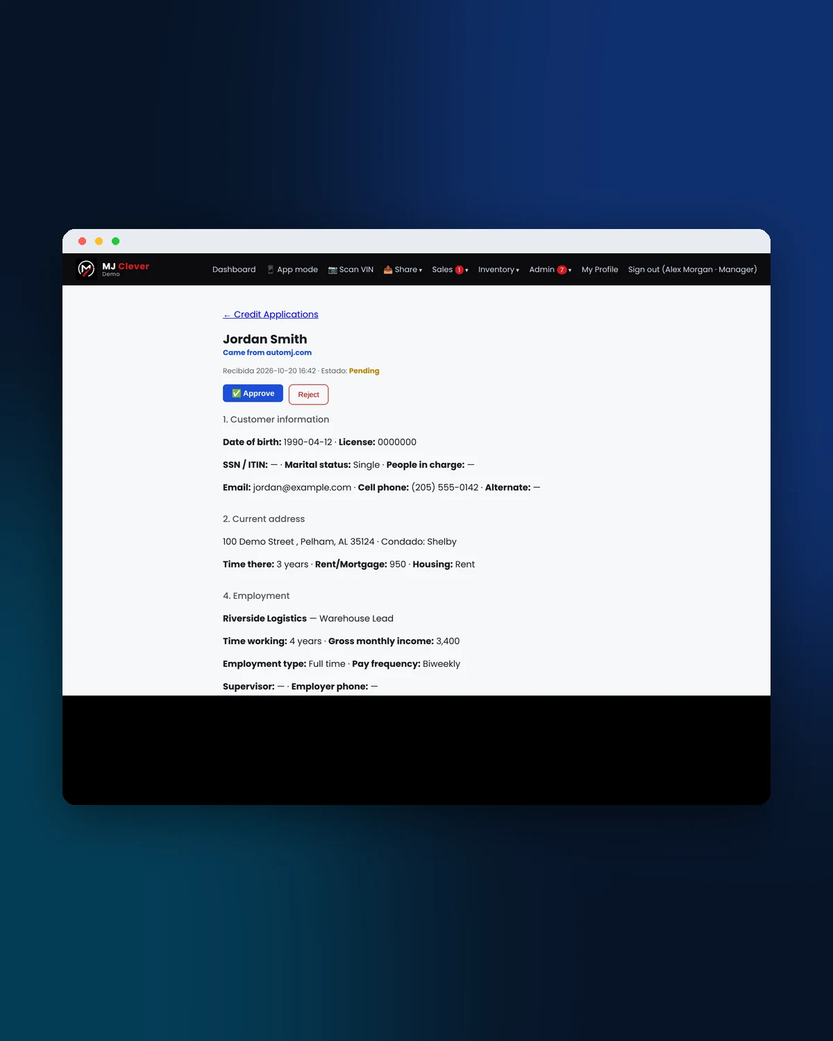 Credit application under review, with Approve and Reject buttons.