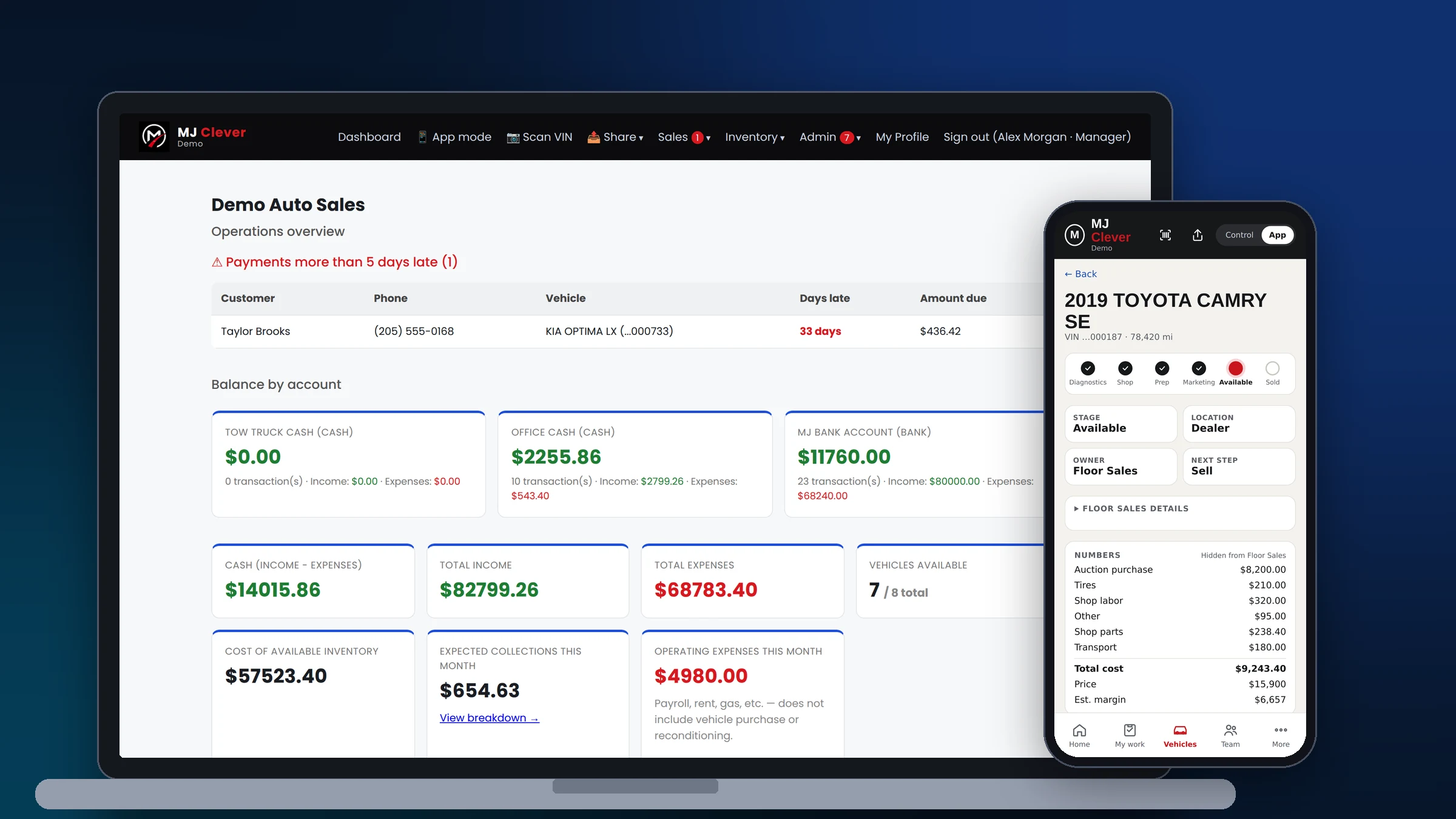 MJ Clever Dealer: the owner dashboard on a laptop and the mobile app showing a vehicle’s stages.
